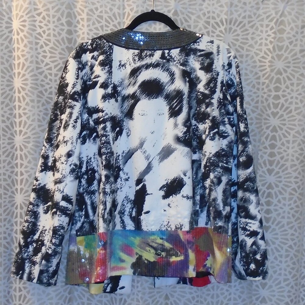 Chico's Geisha Blazer Jacket Coat Faux Kimono Cow Spotted Sequined Boho Artist